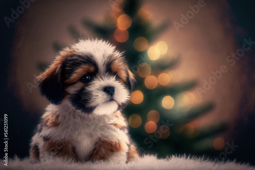 Generative AI illustration of Shih Tzu cute adorable puppy sitting in front of Christmas tree photo