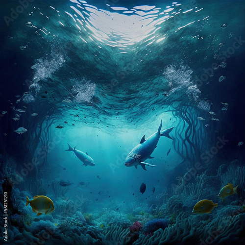Generative AI illustration of underwater ocean scene with fish and sharks swimming and plants on seabed © veneratio