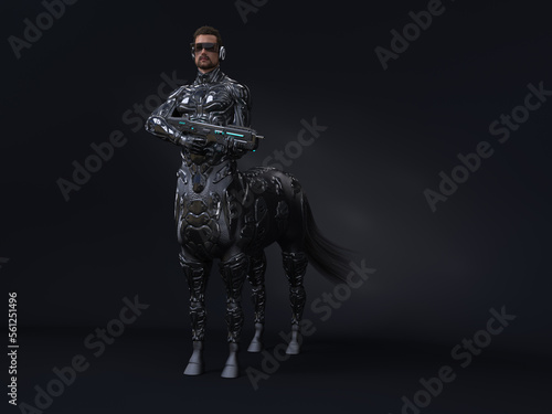 3D render : portrait of futuristic male centaur armed with gun weapon, cyberpunk concept