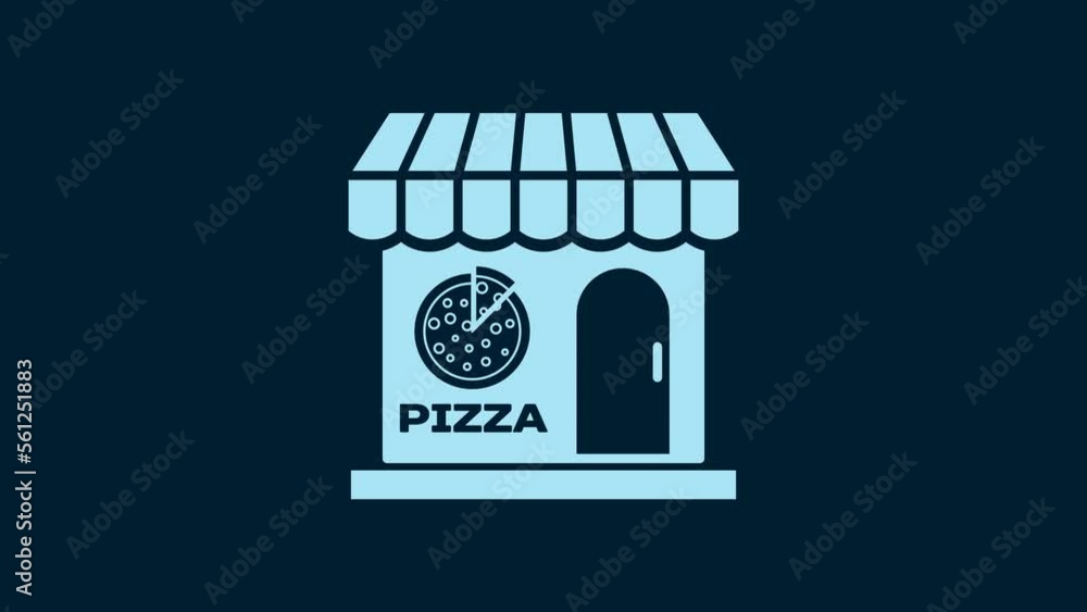 White Pizzeria building facade icon isolated on blue background. Fast food pizzeria kiosk. 4K Video motion graphic animation White Pizzeria building facade icon isolated on blue background. Fast food pizzeria kiosk. 4K Video motion graphic animation