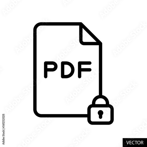 Password protected PDF file, encrypted, locked document vector icon in line style design for website, app, UI, isolated on white background. Editable stroke. Vector illustration.