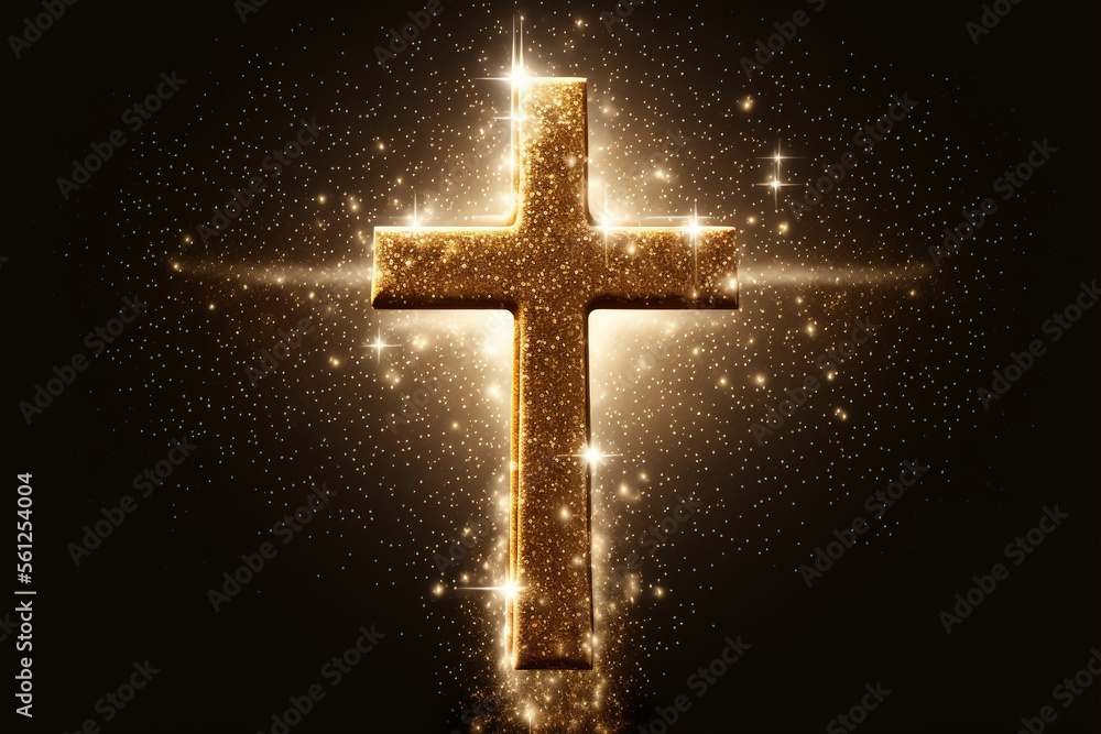 golden cross on gold sparkles shimmering, Generative AI golden cross on gold sparkles shimmering, Generative AI