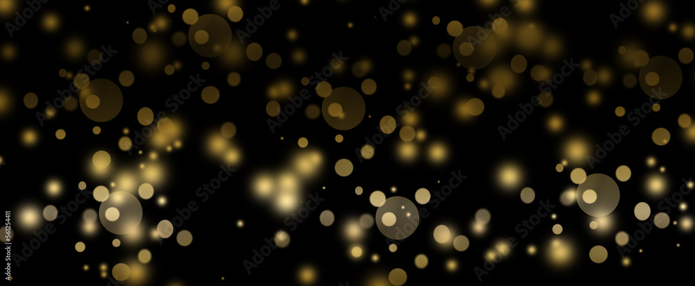 New Golden bokeh lights sparkles of glitter dust particles dark abstract overlay background