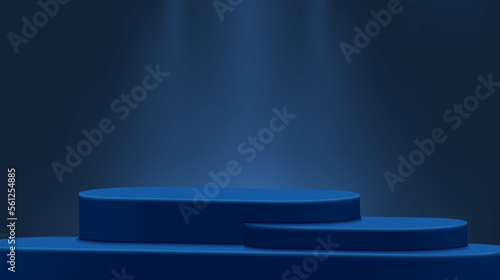 Product display background on geometric platform with 3d podium scene. Vector 3d rendering podium on dark blue background. Product presentation, show cosmetic products. Stage pedestal display