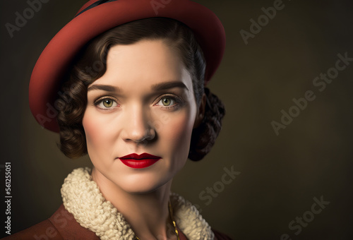 vintage fashion portrait. Caucasian woman with retro 1920s or 1930s style. Generative ai