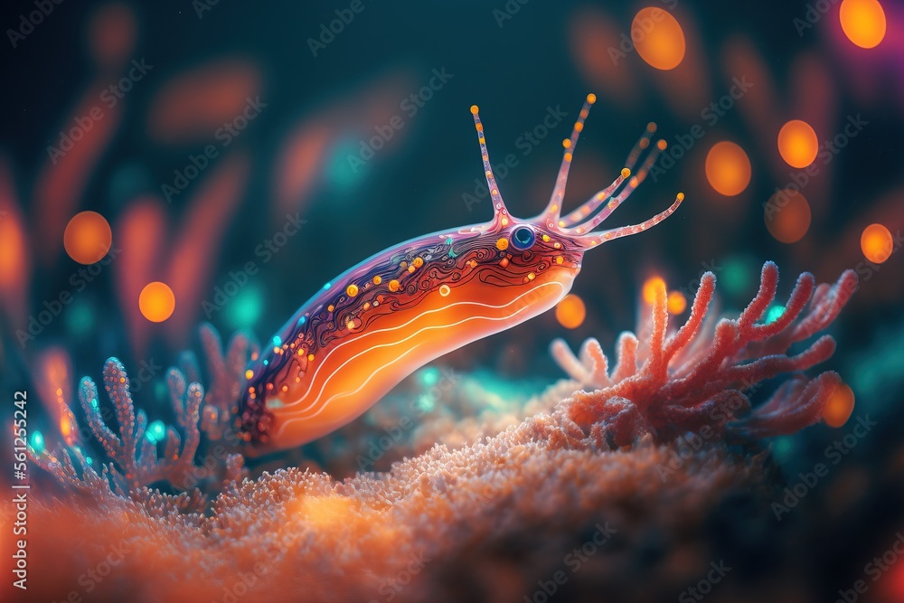 Glowing nudibranch underwater. Generative AI Glowing nudibranch underwater. Generative AI