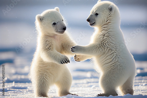 Niedliche Eisbärbabys spielen zusammen im Schnee, schöne Naturszene in arktischer Winterlandschaft, generative ai 