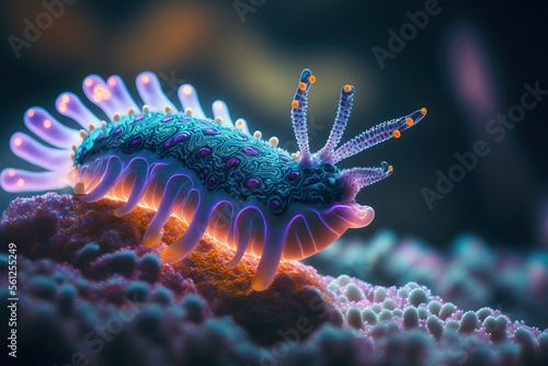 Glowing nudibranch underwater. Generative AI © Gasia