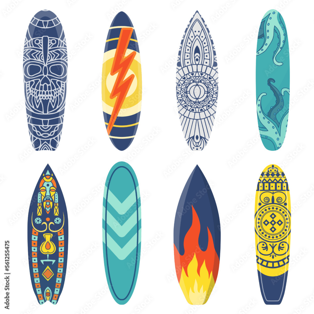 Cartoon surfing board with ethnic pattern. Equipment for summer activity or extreme sport. Surfboards with different prints as flame Cartoon surfing board with ethnic pattern. Equipment for summer activity or extreme sport. Surfboards with different prints as flame