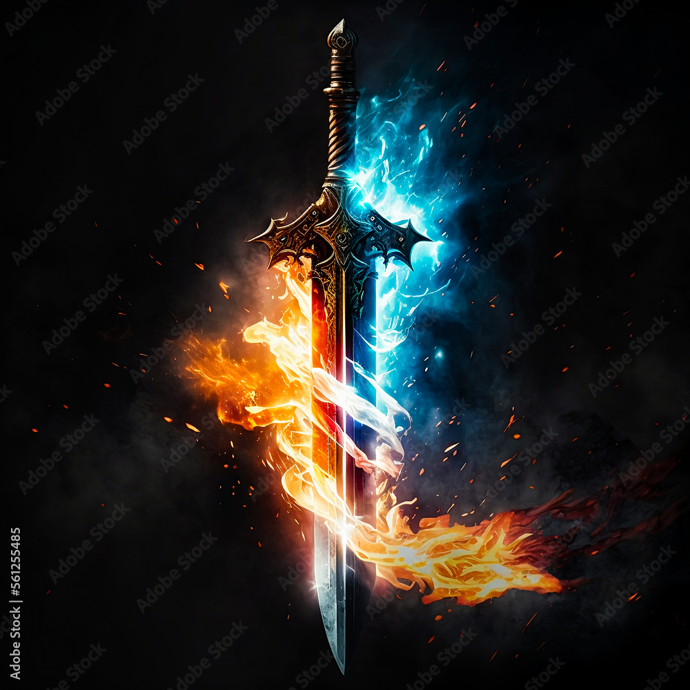 A blue and red flamed fire sword Cool sword illustration Stock