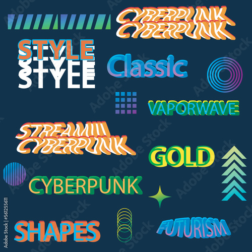 Trendy retrofuturistic holographic collection in vaporwave style in 80s-90s. Old wave cyberpunk concept. Shapes design elements for disco genre, retro party or themed event. Neon shapes with glitch