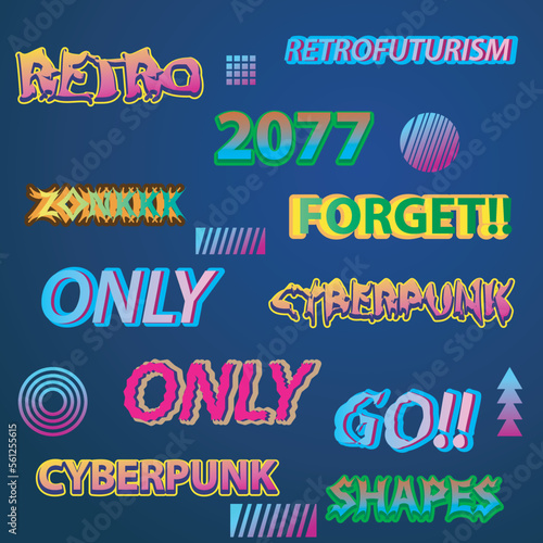 Trendy retrofuturistic holographic collection in vaporwave style in 80s-90s. Old wave cyberpunk concept. Shapes design elements for disco genre, retro party or themed event. Neon shapes with glitch