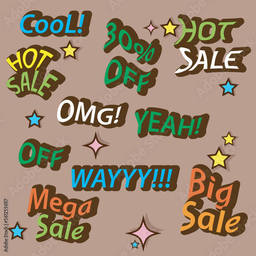 vector text mega sale, discount, hot sale, omg, yeah, modern design suitable for promotion social media, with element collor, start isolated on background