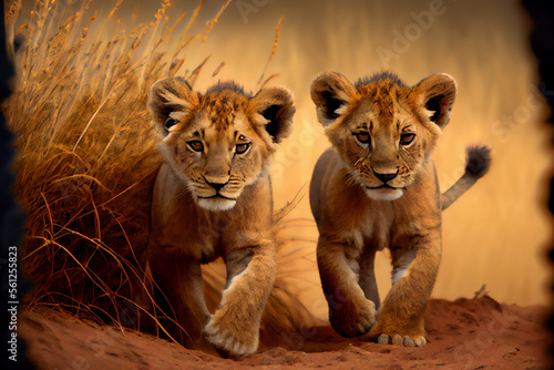 Niedliche Löwenbabys spielen zusammen in der Savanne, schöne Naturszene in afrikanischer Wildnis, generative ai