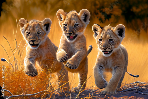 Niedliche Löwenbabys spielen zusammen in der Savanne, schöne Naturszene in afrikanischer Wildnis, generative ai © Sarah
