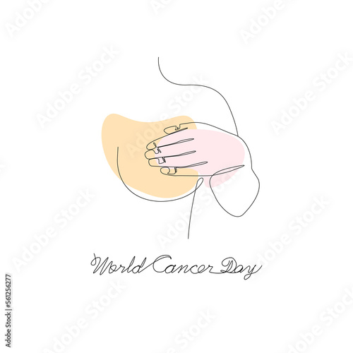 vector illustration of woman's hand covering her breast for world cancer day in minimalist line art
