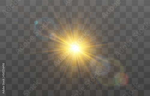 Vector glow light effect  bright sun. Vector transparent sunlight  special lens flare light effect. Sun or spotlight beams. Light png. Decor element isolated on transparent background.