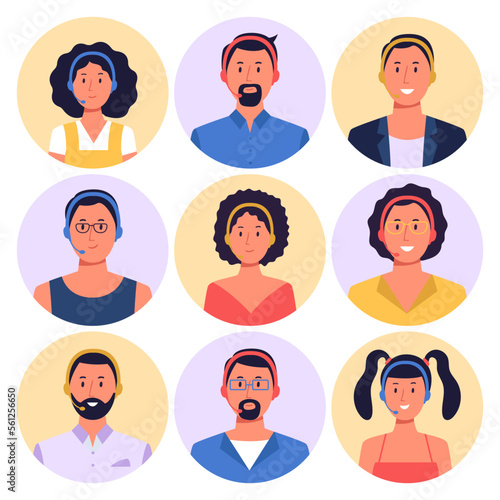 Customer support worker. Male and female round portraits with smiling faces. Characters with headsets answering clients calls