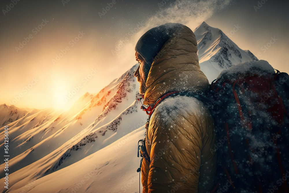 Mountaineer portrait, looking at sunset on snowy mountain, Generative AI illustration