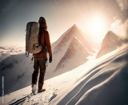 Mountain climber on top of a Mountain Cliff with Dramatic Landscape in Background , Generative AI illustration