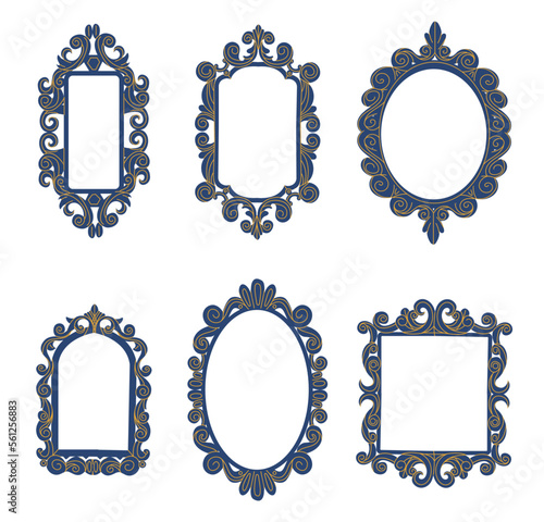 Decorative frames. Vintage elegant borders with curved design elements. Antique decorative mirror or picture framing