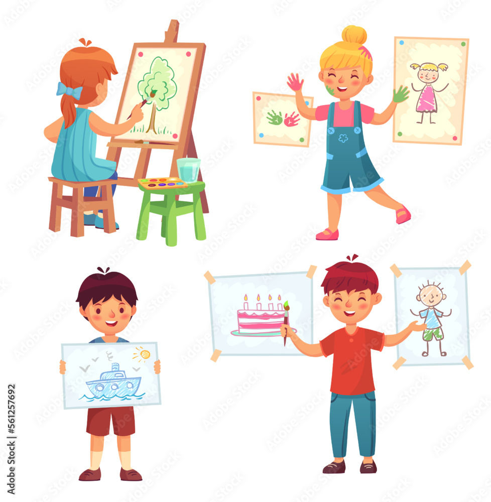 Drawing children, kid illustrator. Chill boys and girls painting and holding pictures. Character sitting on chair Drawing children, kid illustrator. Chill boys and girls painting and holding pictures. Character sitting on chair