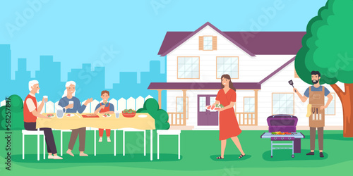Family party with barbecue. Father grilling meat and vegetables, mother serving table on backyard. Son, grandfather and grandmother