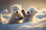 Niedliche Eisbärbabys  spielen zusammen im Schnee, schöne Naturszene in arktischer Winterlandschaft, generative ai