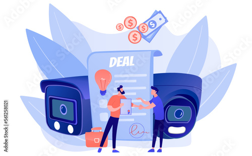 Salesman make deal with customer to install CCTV products concept illustration. Business deal guarantee certificate. illustration of shaking hands making a cooperation agreement