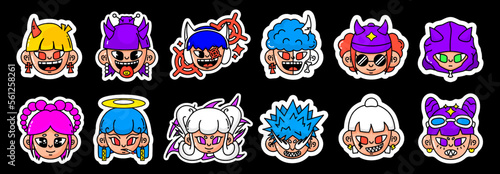 Cartoon stylish young people faces. Y2k characters, ignorant punk mascot face sticker and bright avatar for girl and boy vector illustration set