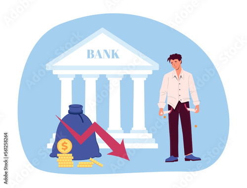 Financial crisis. Poor man with empty pockets watching falling arrow. Cartoon employee character losing money