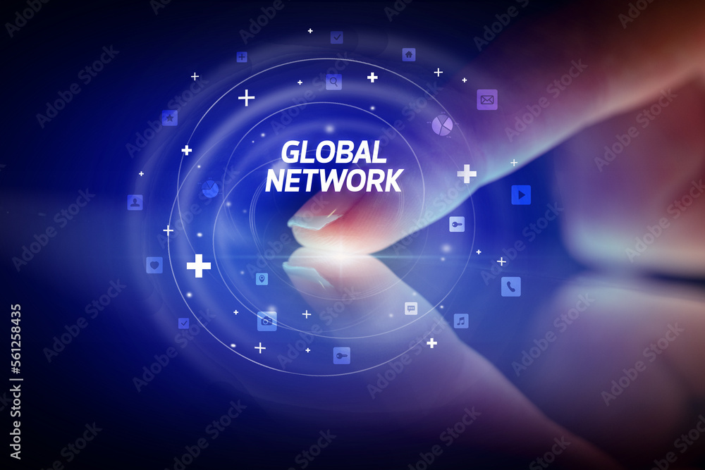 Finger touching tablet with social media icons concept Finger touching tablet with social media icons concept