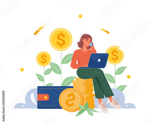 Earn money online. Woman entrepreneur working online with a computer and coins vector illustration. Freelancer making money from home or internet, success, remote work. Successful business woman.