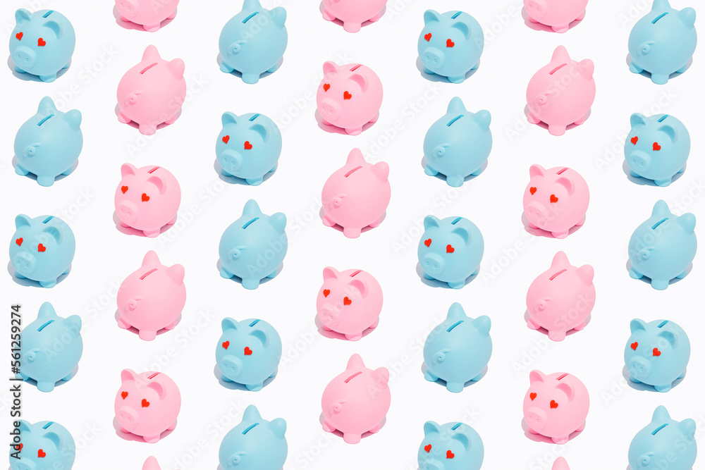 Seamless pattern of pink and blue piggy banks in love with red heart eyes. Concept of love and saving.