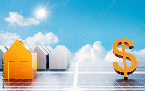golden house model with Solar panels on the roof and The US dollars currency symbol put on the solar panel surface. leadership concept in sustainable energy.