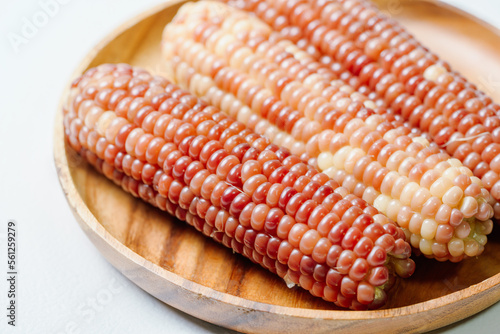 Delicious boiled waxy corn food served on the table
