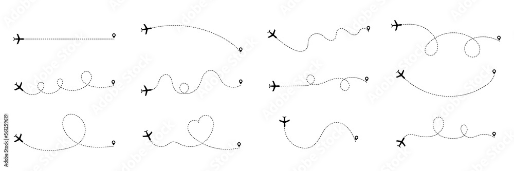 Airplane routes set. Plane paths. Set of dotted aircraft trajectories. Travel, distance, route concept. Airplane routes set. Plane paths. Set of dotted aircraft trajectories. Travel, distance, route concept.