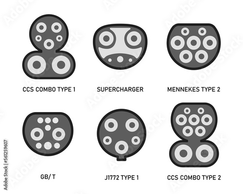 Connectors for electric vehicles. Charger Plug Types. Sockets for charging electric vehicles and hybrid vehicles with the name. Types of plug connectors for the charging station. 