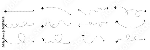 Airplane routes set. Plane paths. Set of dotted aircraft trajectories. Travel, distance, route concept.