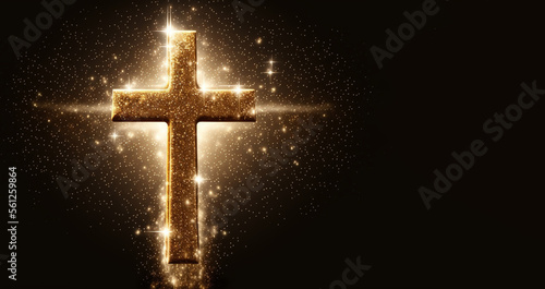 golden cross on gold sparkles shimmering banner, Generative AI