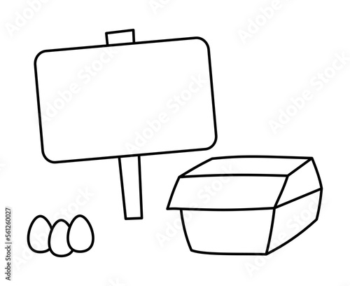 Pack of fresh black and white eggs with promotional sign on white background