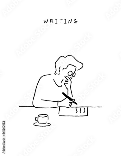 Young man with glasses, writing diary on working desk. Boy who writes a letter with pen and ink. Journalist author workspace. linear, Simple line art. Trendy vector illustration. Hand drawn style.