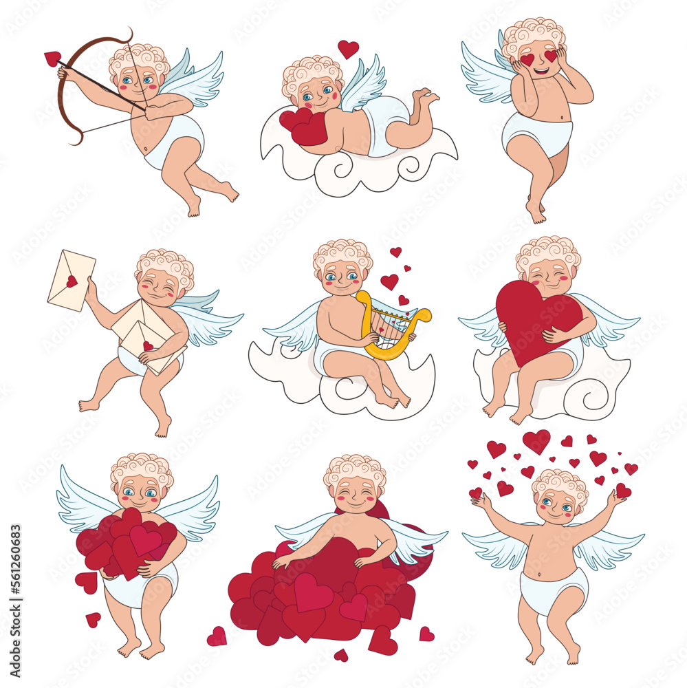 Collage of cute Cupid on white background