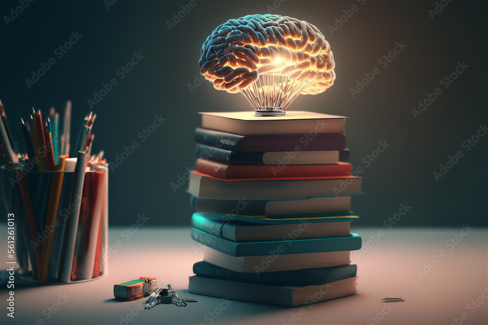 Concept of education and success. Online education, new idea. Collage with a brain, gears, book. Generative Ai technology. - obrazy, fototapety, plakaty 