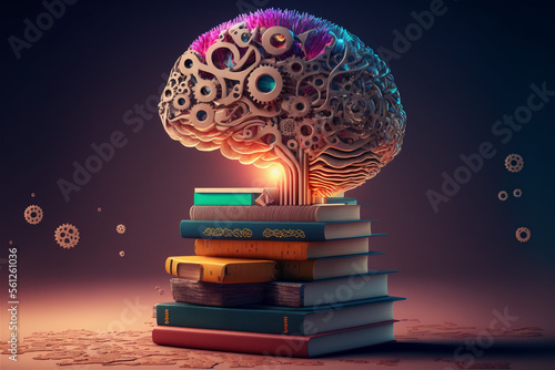 Concept of education and success. Online education, new idea. Collage with a brain, gears, book. Generative Ai technology.