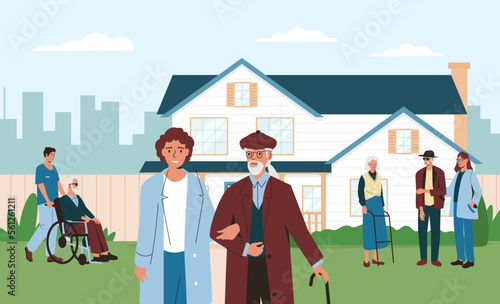 Nursing home center for retired people. Building exterior with garden where old people walking with medical workers