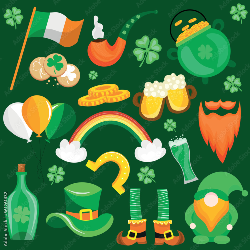 Collage of symbols of St. Patrick's Day holiday on green background Collage of symbols of St. Patrick's Day holiday on green background