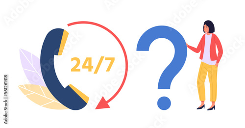 Online assistant. Customer service support. Woman standing with big question mark. Consulting or helping clients