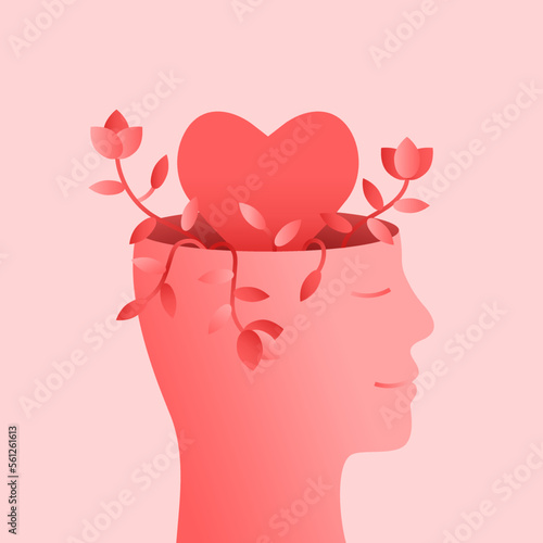 Heart inside the head of a smiling happy person as love, mental and emotional well-being concept. Heart shape as human mind, flower and plant as growth, smile as feeling content and good mood symbol.