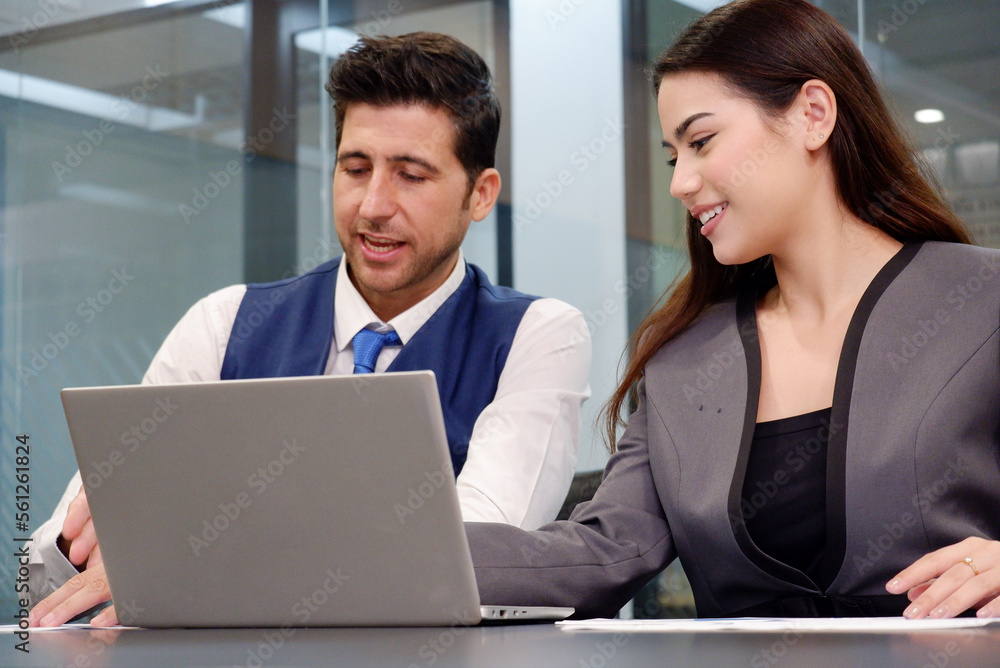 Manager and employee working at desk using laptop in office. Manager and employee working at desk using laptop in office.